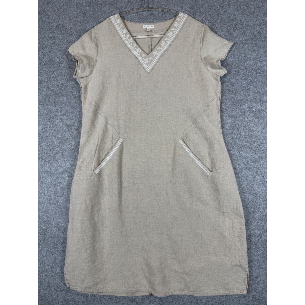 Garnet Hill Linen Dress Womens 10 Beige Excellent Embroidered V-Neck Pockets